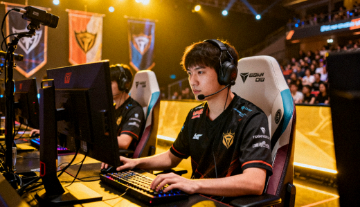 电竞赛事现场,战队选手在比赛舞台专注操作