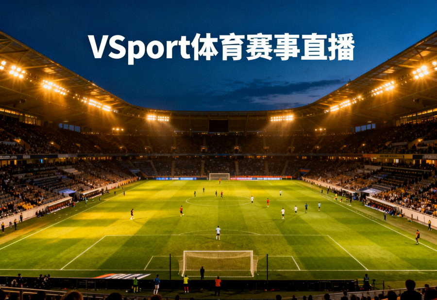夜间灯光下的足球场全景，VSport体育赛事直播画面